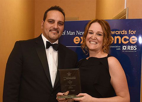 Isle of Man Newspapers Awards for Excellence 2015 at the Villa Marina - Tracey Leahy of MannVend (right) wins the Claremont Award for Marketing, presented by the Claremont's Ricardo Campos (left)